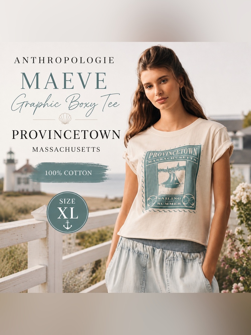 Anthropologie Maeve Provincetown Sailing Graphic Tee XL 100% Cotton Coastal